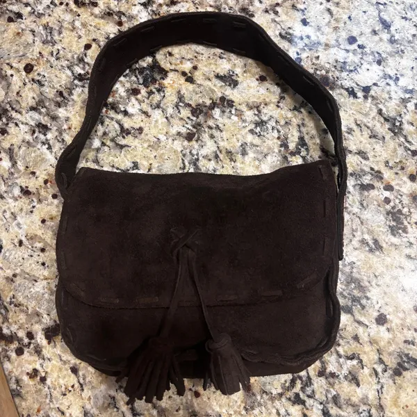 Vintage Abercrombie Chocolate Brown Suede‎ Shoulder Hobo Bag Tasseled 9x6x2.5 in - Image 8