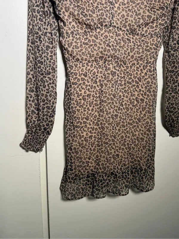 Abercrombie & Fitch Leopard Print V-Neck Long Sleeve Midi Dress - Brown XS - Image 3