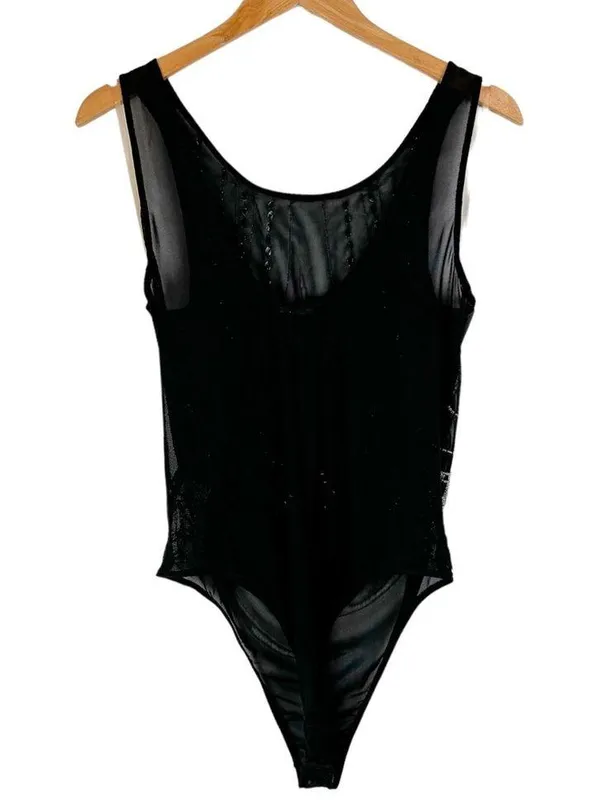 BKE Black Sheer Mesh Bodysuit Sz Large Embellished Jewel Rhinestone Y2K - Image 3