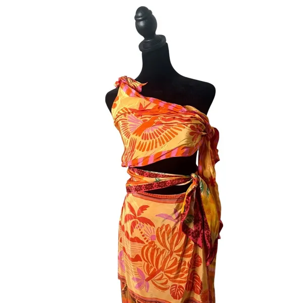 FARM Rio Tropical Print Cutout Midi Dress Womens XXS Orange Sarong NEW - Image 6