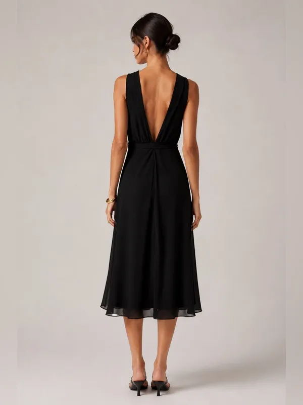 Wilfred Aubrey Halter Midi Dress Black Chiffon Open Back Minimalist 00 - Image 2