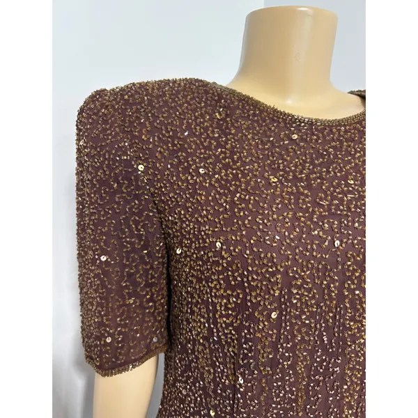 Stenay Vintage Brown Silk Beaded Sequin Sheath Cocktail Dress XL Shoulder Pads - Image 3