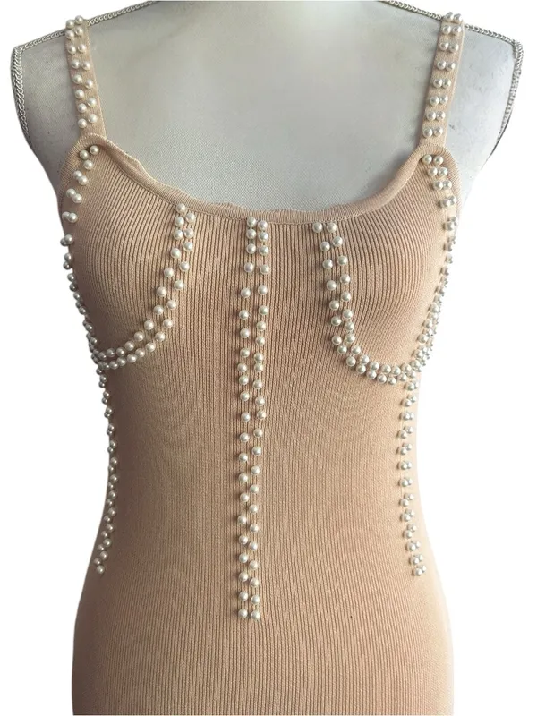 Beige Pearl-Embellished Knit Mini Dress - Image 3
