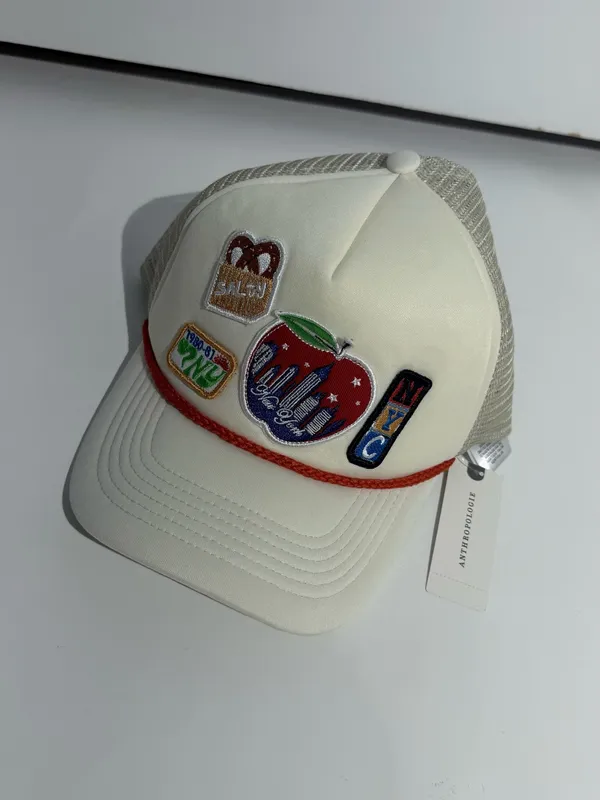 NWT Anthropologie Women’s Cream Trucker Hat with Red Apple Multicolor Patches - Image 3