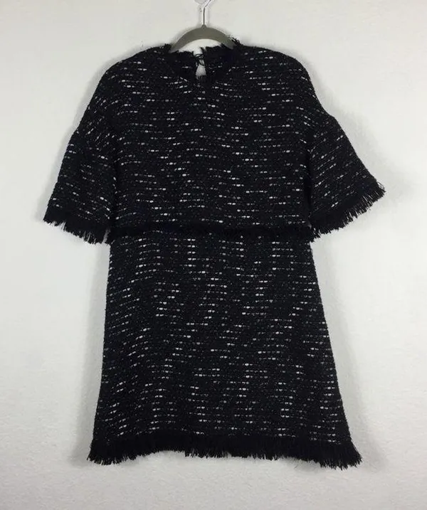 Zara Black Fringe Tweed Textured Knit Wide Sleeve Aline Mini Dress Medium - Image 3
