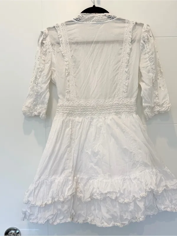 Sunday Best Boho Lace Trim Cotton Dress with Tassel Tie 2 - White - Image 3