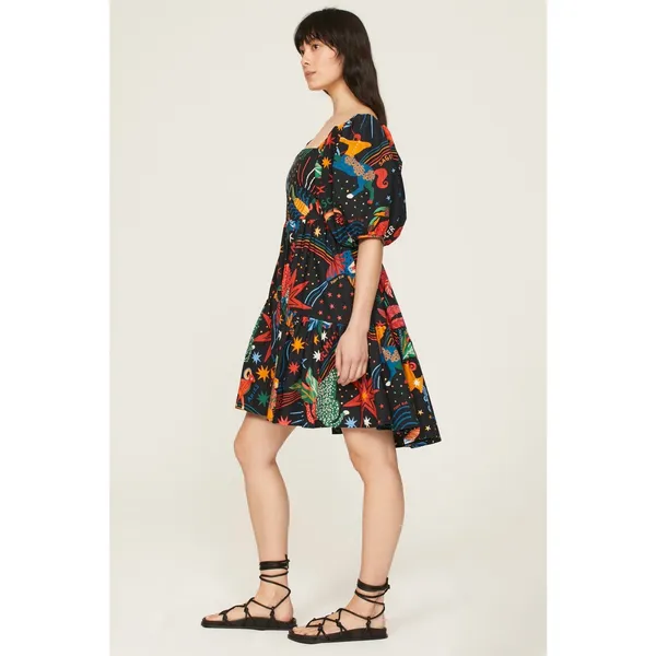 Farm Rio Zodiac Print Black Puff Sleeve Square Neck Babydoll Mini Dress Size M - Image 3