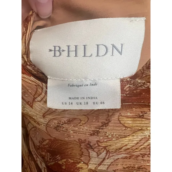 Anthropologie Ella Dress Sz 14 Floral Mini Tiered Ruffle Balloon Sleeve Gold - Image 11