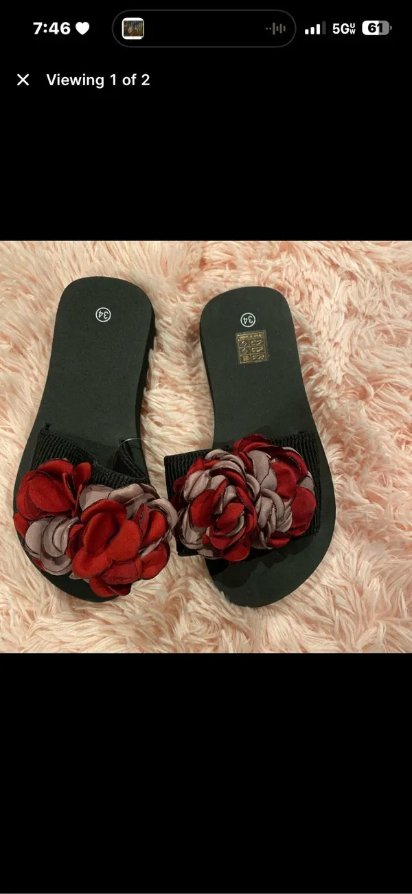 Floral Rosette Slide Sandals EU 34 US Womens 4 / Girls 3 Red Black Platform Slid - Image 4