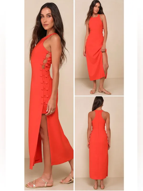 Lulus Masterfully Mod Bright Orange Side Button Midi Dress Size XL Sleeveless - Image 2
