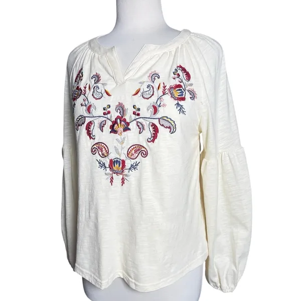 Women’s Boho Embroidered Popover Split Neck Cream Long Sleeve Top - Image 6