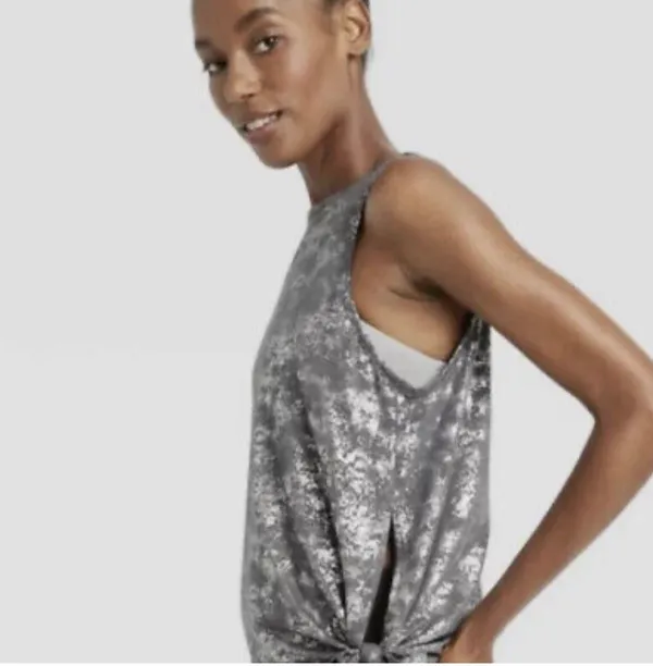 Womens All In Motion Gray Silver Metallic Tie Activewear Tank Top - Sz M - Image 2