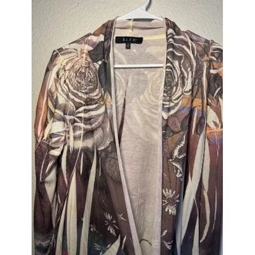 BLEU Floral Rose Print‎ Draped Open Front Waterfall Cardigan Brown Cream Small - Image 3