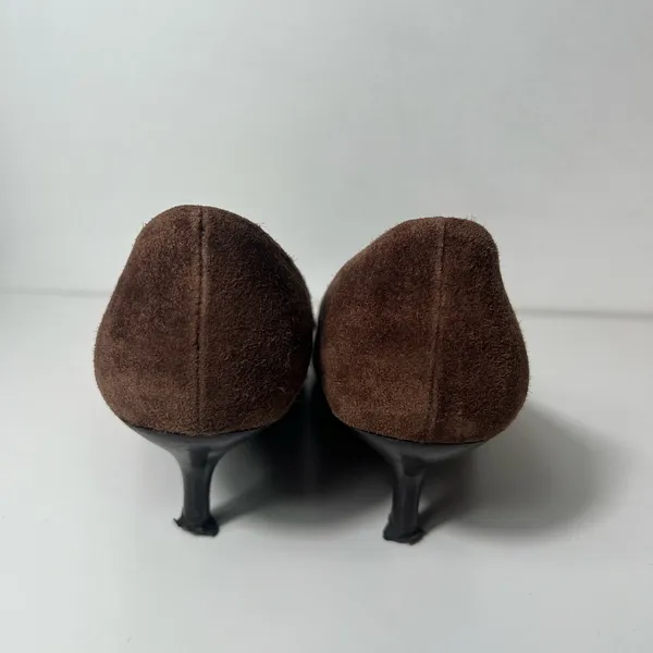 Salvatore Ferragamo Brown Suede Slip On Round Toe Kitten Heel Pumps Shoes - Image 10