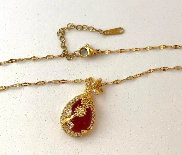 18K Gold Plated Red Crystal Flower Pendant Necklace for Women - Image 5