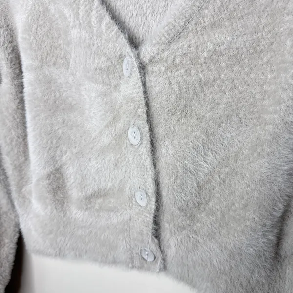 Aerie Fuzzy‎ Cropped Cardigan Stone Deep V-Neck Button Front Small Soft #2926 - Image 5