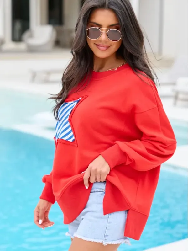 Pink Lily Patch Embroidery Star Colorblock Sweatshirt - Image 3