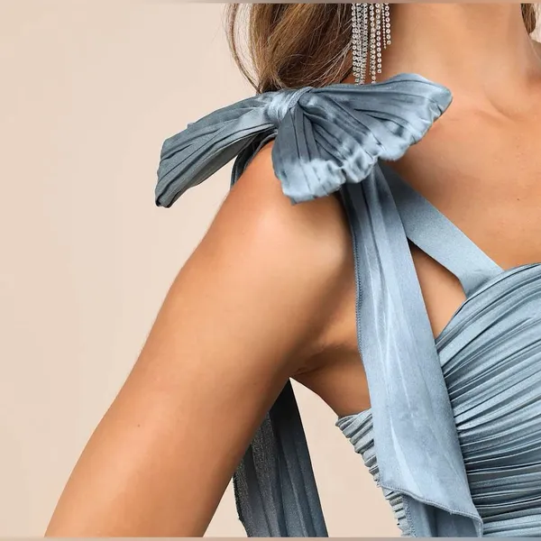LULU’S Gorgeous Purpose Slate Satin Pleated Sleeveless Bow Maxi Dress - Image 4