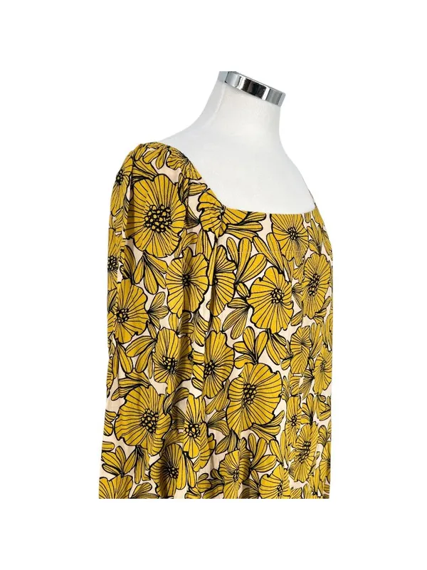 Anthropologie Morgyn Retro Boho Chic Floral Tunic Dress Yellow Ivory Size Large - Image 3