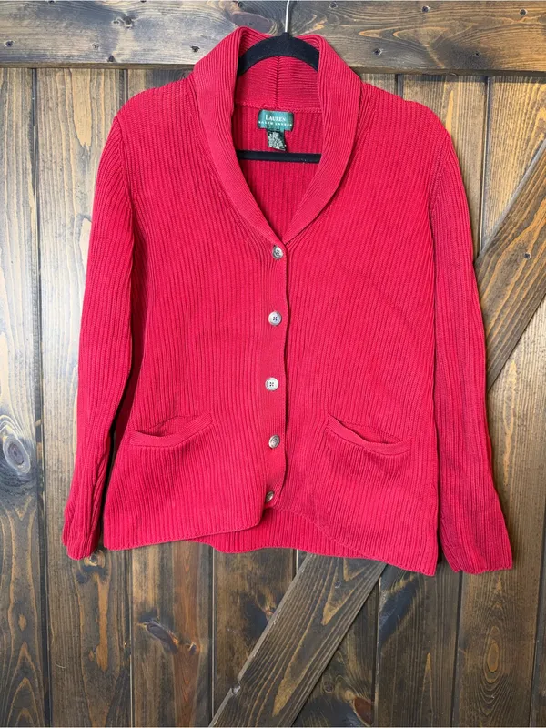 Lauren Ralph Lauren Red 100% Cotton Shawl Collar Cardigan Sweater‎ - Image 3