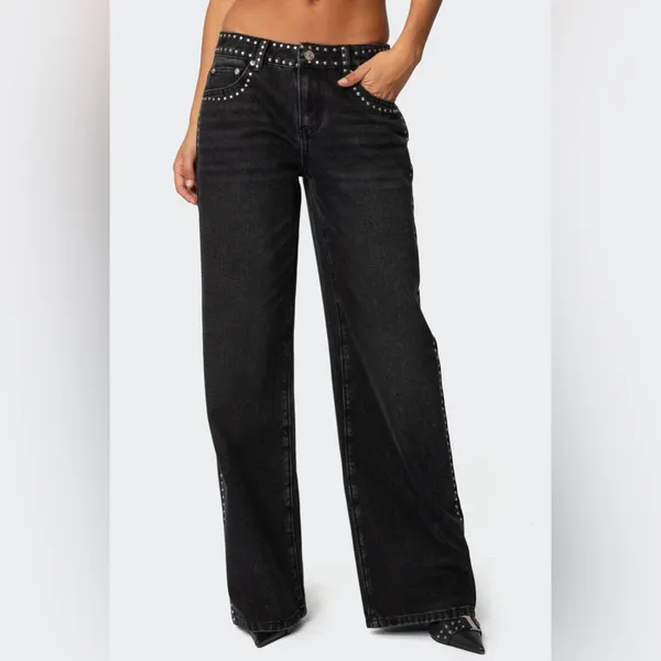 NWOT Edikted Quincy Studded Low Rise Baggy Jeans- Washed Black - Image 4