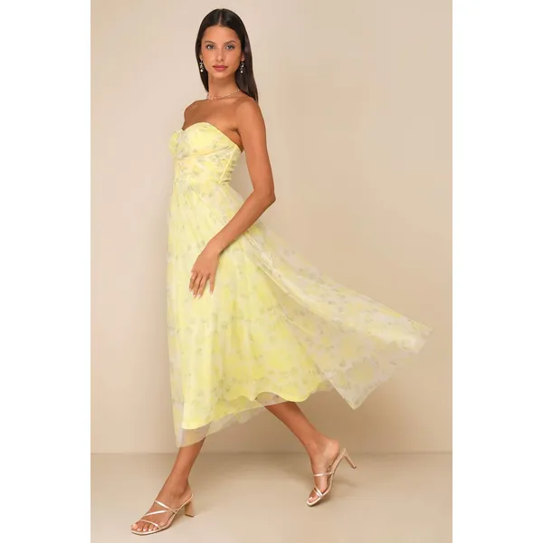 NWT Lulus Perfect Whimsy Yellow Floral Mesh Strapless Midi Dress Tube Size XL - Image 3