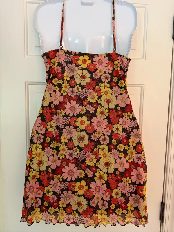 SHEIN L Floral Mini Dress Black Pink Red Yellow Cami Mesh Y2K - Image 5