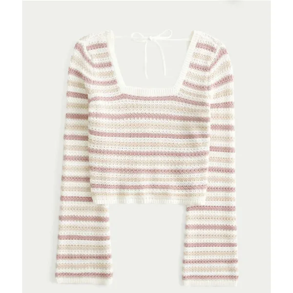 Hollister Crochet Knit Striped Knit Bell‎ Sleeve Square Neck Crop Sweater Small - Image 4