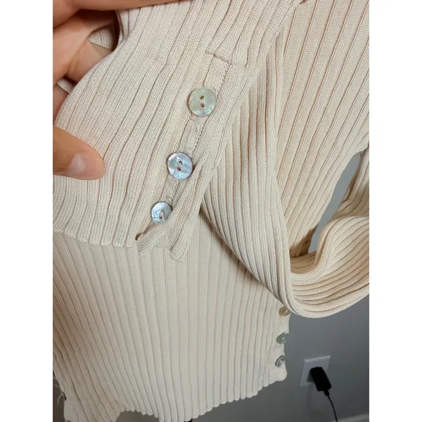 Zara Cream Ribbed Mock Neck Long Sleeve Top with Side Buttons Size M - Image 3