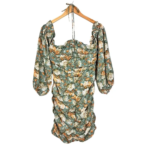 Hello Molly Basque Country Long Sleeve Ruched Mini Dress Floral Sage M NWT Event - Image 4