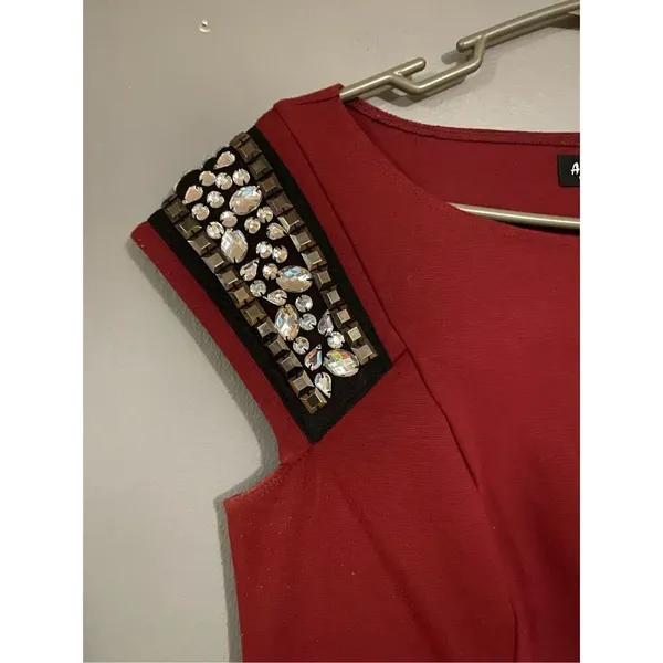 Allen B Schwartz Burgundy Red Gemstone Jewel Bedazzled Shoulder Party Dress Smal - Image 4
