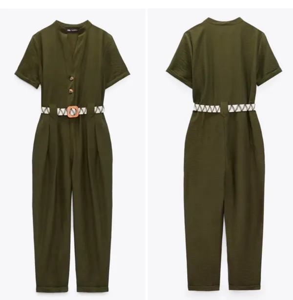 Zara Olive Green Short-Sleeve Utility Jumpsuit with Woven Belt - Image 2