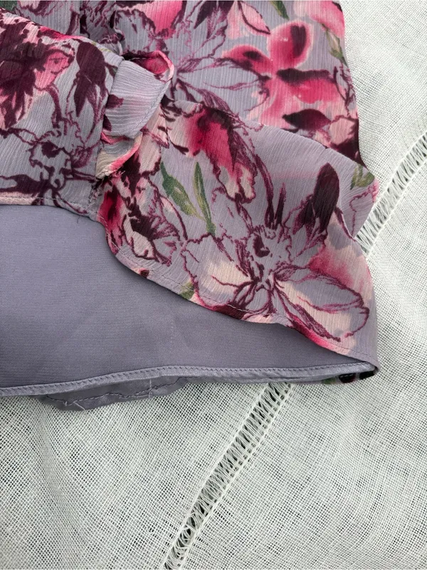 Express purple and pink floral print short-sleeve mini dress with a V-neckline - Image 7