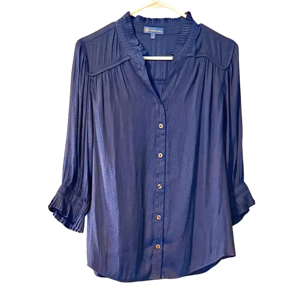 Democracy Navy Blue, contrast color Button‎ Front Blouse Small, Fits Medium - Image 3