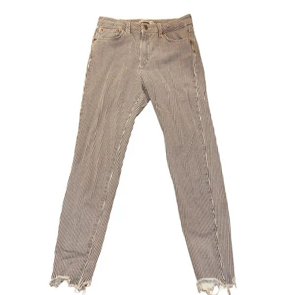 PULL&BEAR Striped Skinny Crop Jeans Sz 28 Gray White Raw Hem Stretch Cotton - Image 11