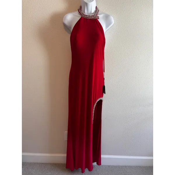 NWT Ieena for Mac Duggal Gown 2 Red Rhinestone‎ Halter Slit Evening Dress 26533 - Image 2