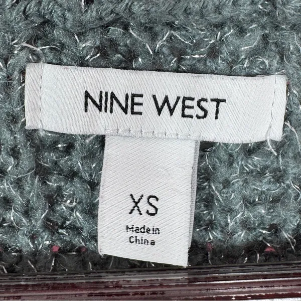 Nine West Scalloped Sleeve‎ Sequin Shimmer Sweater Sage Green Silver XS - Image 9