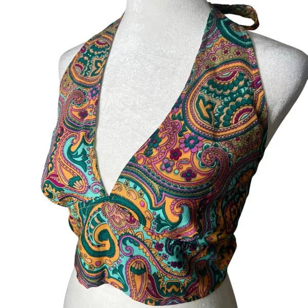 Reversible Paisley Halter Crop Top Bohemian Festival Coachella Sz S/M Silk Y2K - Image 4