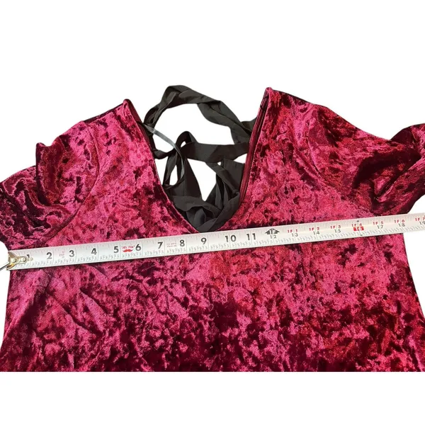A Byer 90s Y2K Burgundy Crushed Velvet Black Tie Up Back V-neck Dress L Holiday - Image 15