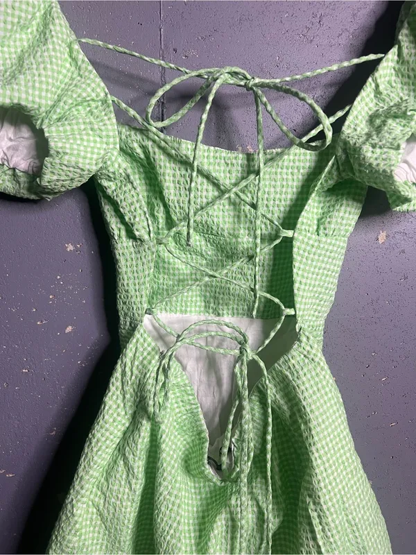 Zara Green Gingham Puff Sleeve Mini Dress in size Medium. - Image 6