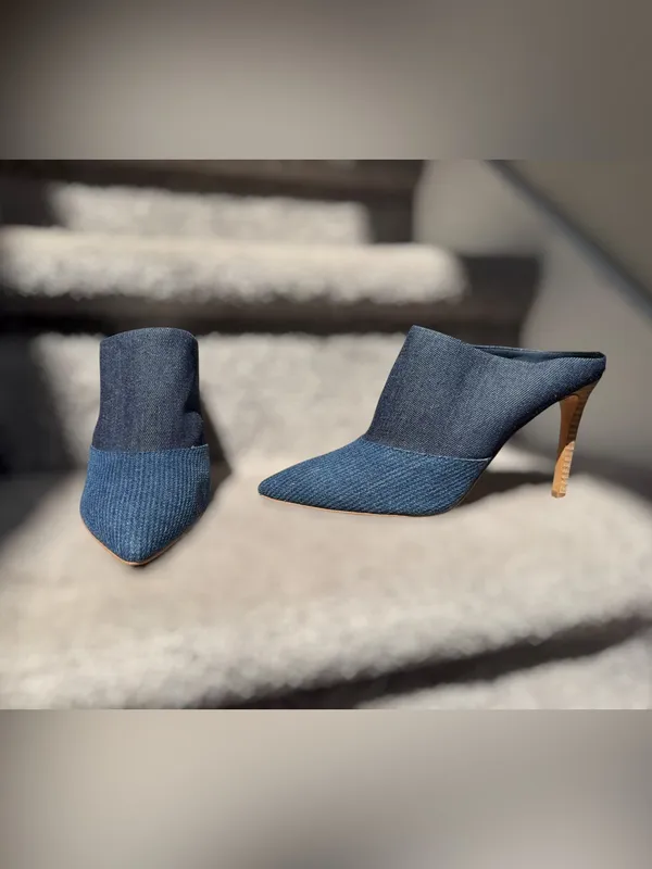 Dolce Vita Cinda Denim Pointed Toe Mule Heels‎ Slip On Stiletto Minimalist Chic - Image 2