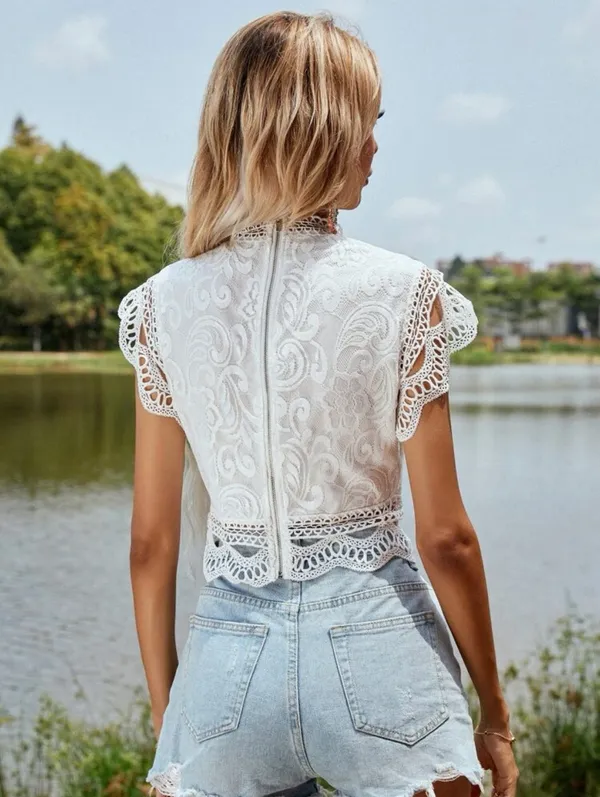 White Lace Detail Zip Back Crop Top - Image 7