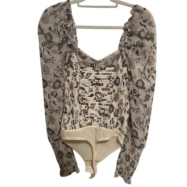 Free People NWT $128 Brunch Date Bodysuit Floral Ivory Sheer Long Puff Sleeve S - Image 2
