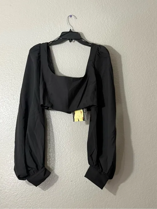 Naked Wardrobe Black Puff Sleeve Square Neck Crop Top NWT Statement Blouse Sz XS - Image 6
