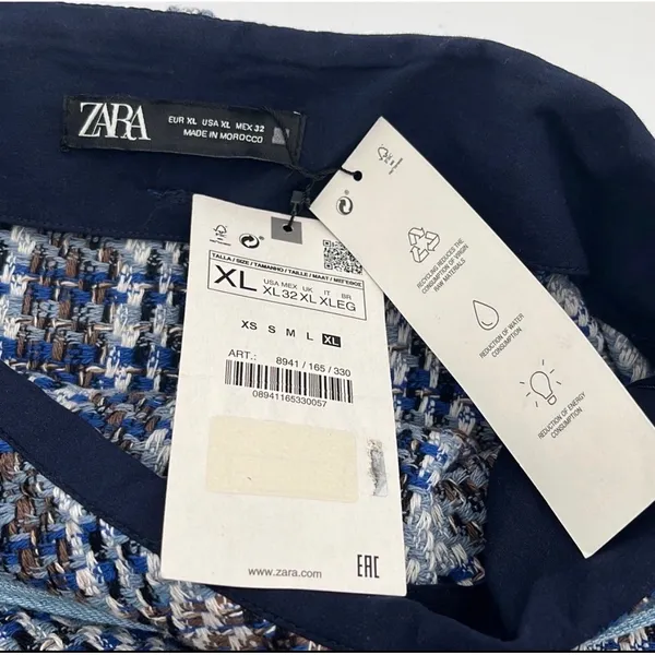 ZARA Mini Skirt Tweed Denim‎ Waist Women XL Blue White Plaid Wrap NWT - Image 5