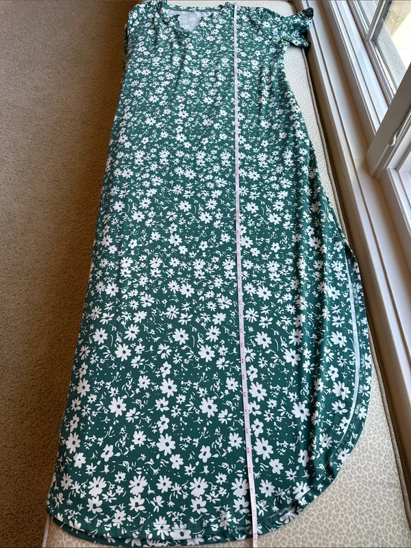 Green Floral Maxi Dress with White Daisy Floral Print Pockets size 2XL - Image 9