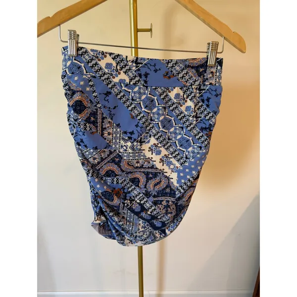 Free People Mini Skirt Womens Small Blue Geometric Print Ruched Detailed Pull On - Image 2