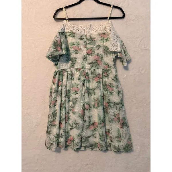Disney Princess Floral Lace Cold Shoulder Dress XL Green Pink White Crochet Trim - Image 10