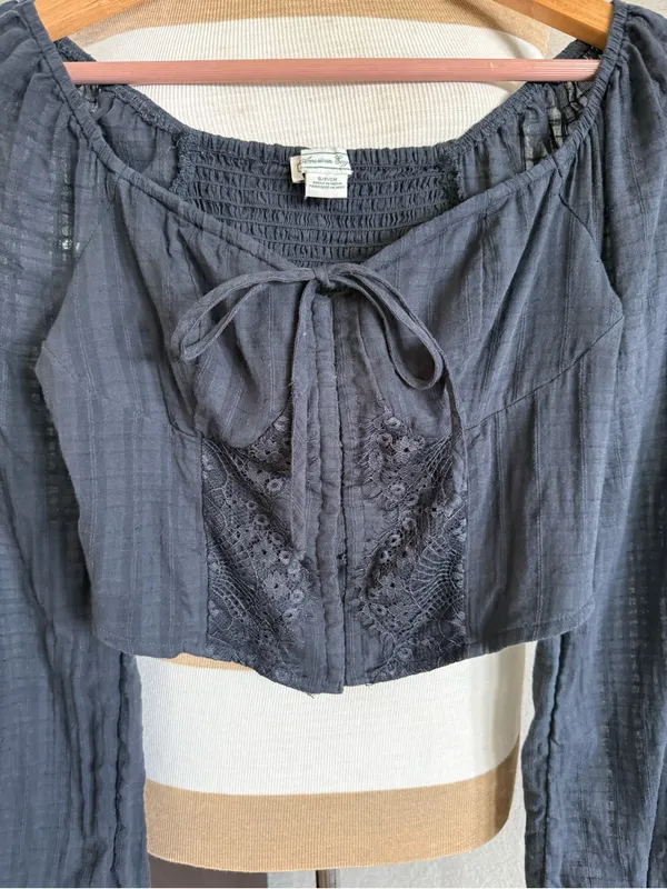 American Eagle Corset Tie Puff Sleeve Boho Cotton Crop cottage core Top L - Image 3