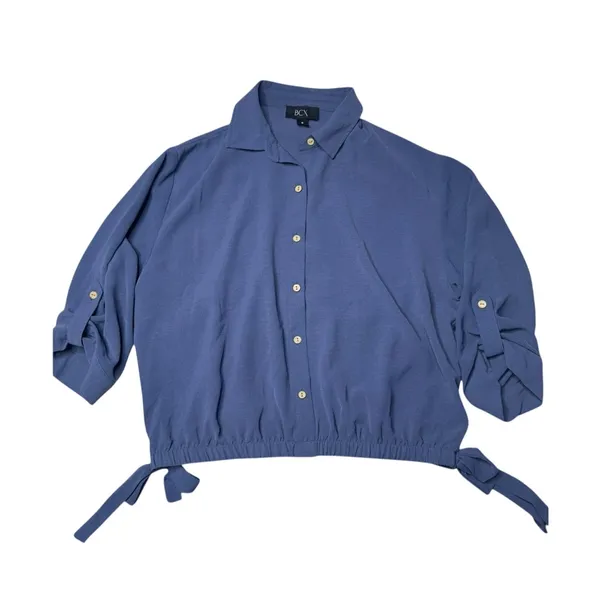 BCX Dusty Blue Button Front Blouse M Coastal Minimalist Preppy - Image 6